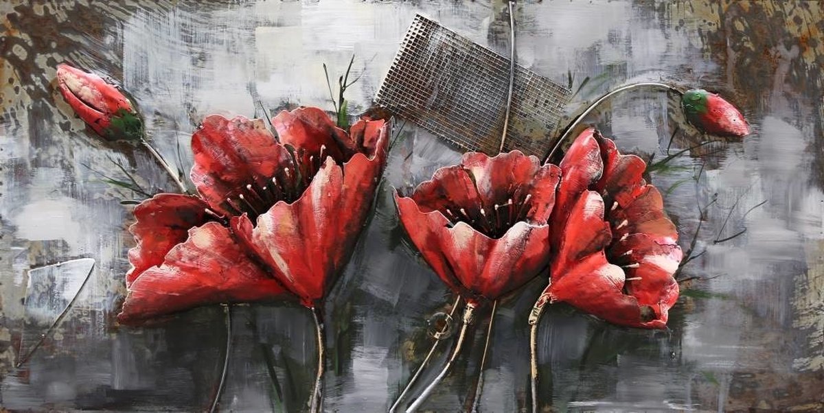 "Schilderij Metaal 3D ""Red Flowers"" Rode Bloemen"