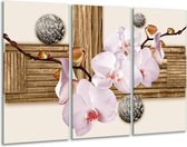 GroepArt - Schilderij -  Orchidee - Roze, Grijs, Bruin - 120x80cm 3Luik - 6000+ Schilderijen 0p Canvas Art Collectie
