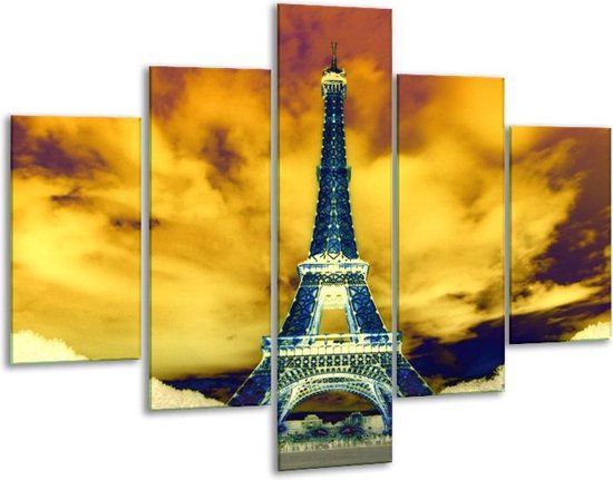 Glasschilderij -  Eiffeltoren - Blauw, Geel, Grijs - 100x70cm 5Luik - Geen Acrylglas Schilderij - GroepArt 6000+ Glasschilderijen Collectie - Wanddecoratie- Foto Op Glas