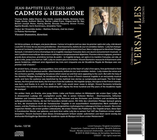CD hoes met portret van een man in grijs, tekst 'Jean-Baptiste Lully' en 'Cadmus & Hermione', plus informatie over de cd.