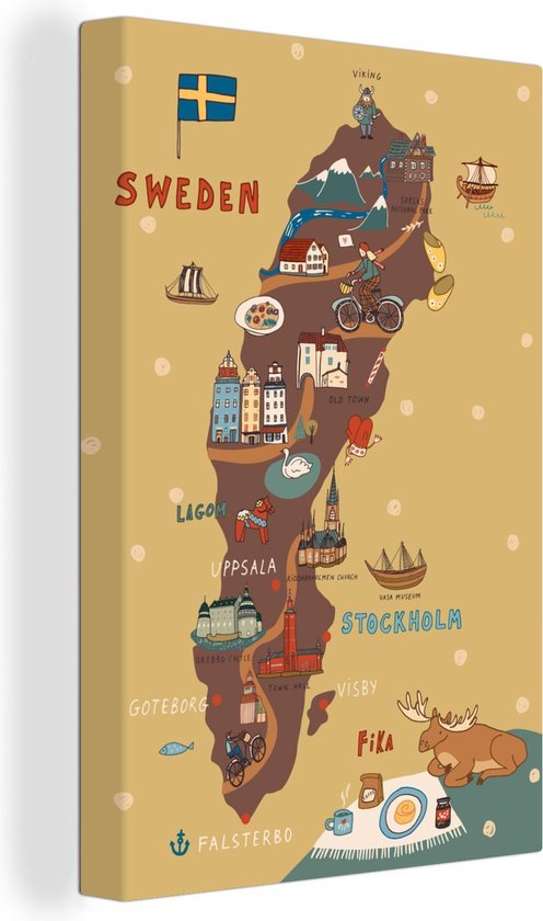 Canvas Schilderij Illustratie Scandinavië met de landkaart van Zweden - Wanddecoratie