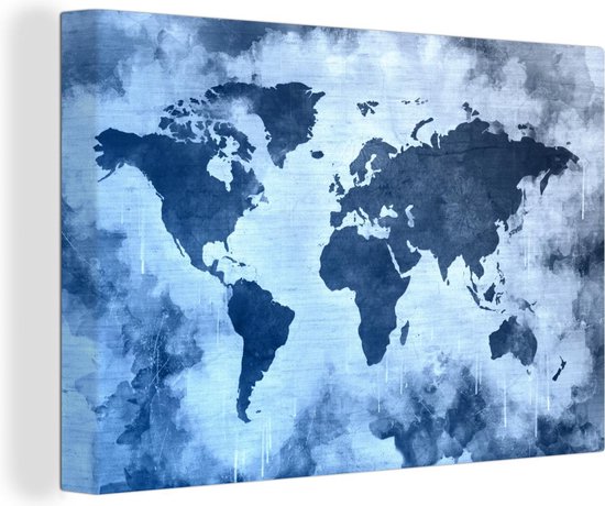 Wereldkaart avec peinture bleue et bleu foncé sur fond avec motif texturé 60x40 cm