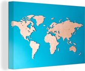 Canvas Wereldkaart - 30x20 - Wanddecoratie Wereldkaart - Hout - Blauw