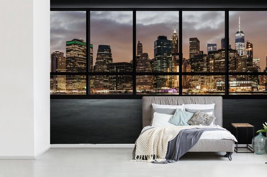 effect Verzadigen Daar Behang - Fotobehang Grote ramen bieden uitzicht op de Amerikaanse stad New  York -... | bol.com