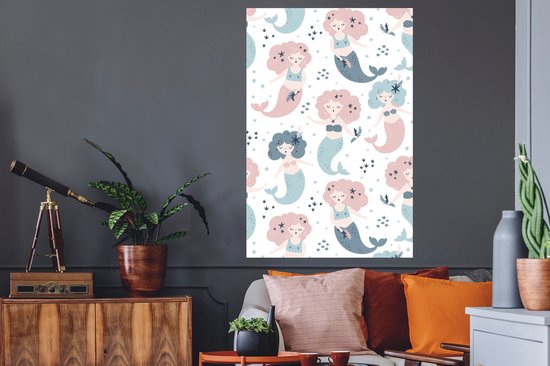 Sticker Muursticker Motif de la chambre des enfants - Motif des enfants avec des sirènes aux couleurs pastel - 80x120 cm - feuille autocollante - sticker mural repositionnable