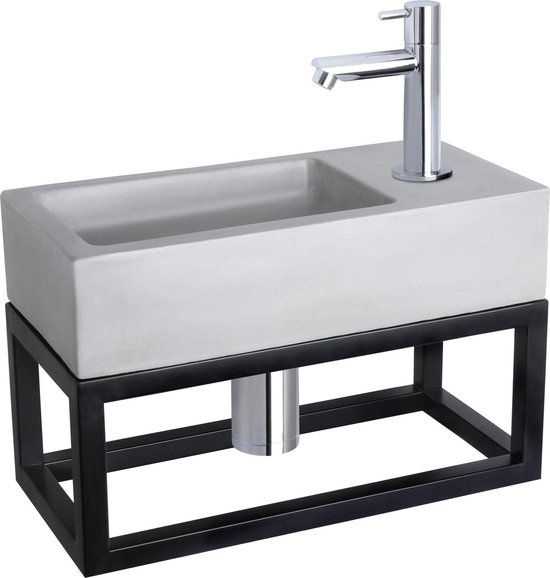 Differnz Ravo Ensemble lave-mains - Béton gris clair - Robinet droit chrome - Avec porte-serviettes - 38,5 x 18,5 x 9 cm
