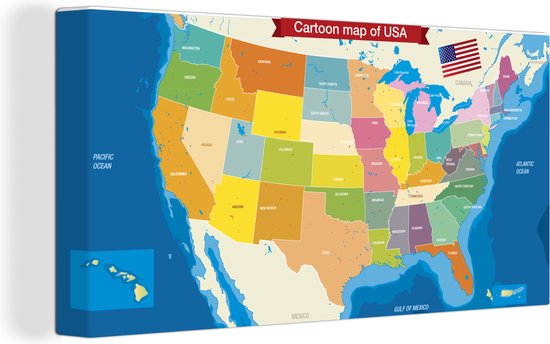 Canvas Schilderij Een cartoonillustratie van kaart van de staten in de VS - 80x40 cm - Wanddecoratie