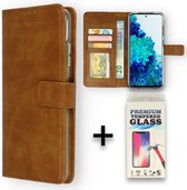 Samsung Galaxy S21 FE Hoesje Bruin & Glazen Screenprotector - Portemonnee Book Case - Kaarthouder & Magneetlipje