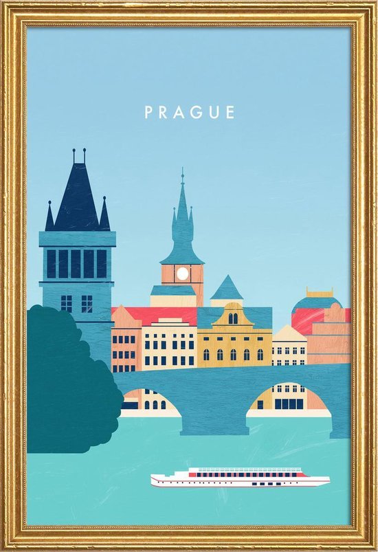 JUNIQE Poster met houten lijst Retro Praag 13x18 /Blauw & Turkoois