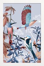 JUNIQE - Poster in houten lijst Birds Of Winter -30x45 /Blauw & Bruin