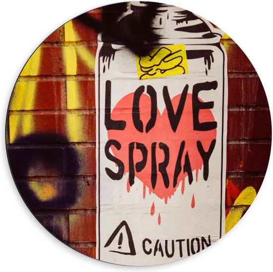 Dibond Wandcirkel - Spuitbus met 'Love Spray' op Muur - 60x60cm Foto op Aluminium Wandcirkel (met ophangsysteem)