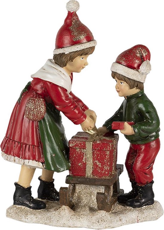 Clayre & Eef Beeld  Kinderen 15x10x20 cm Rood Groen Kunststof Kerstdecoratie beeld decoratie  Decoratieve Accessoires