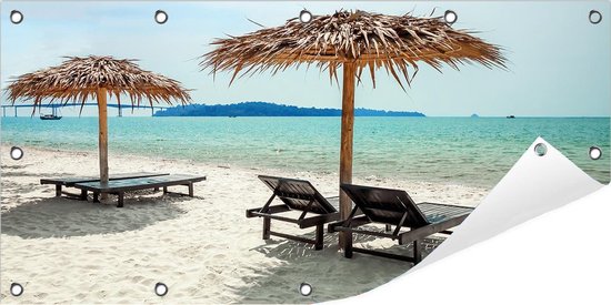 Tuinposter Tropisch Strand 100 x 50 cm incl. Metalen ringen - (Buitenposter - Tuindoek - Buitencanvas - Schilderijen voor buiten - tuin decoratie)