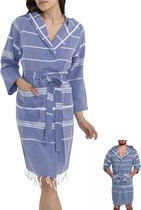 Korte Hamam Badjas Leyla Royal Blue -  XS - zomer badjas - sauna badjas met capuchon