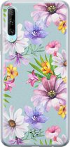 Huawei P Smart Pro hoesje - Mint bloemen - Siliconen - Soft Case Telefoonhoesje - Bloemen - Blauw