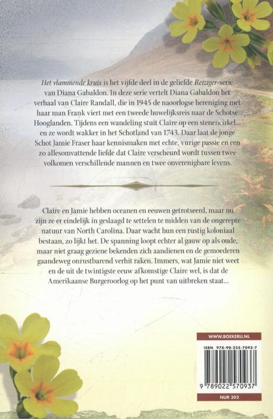 Boekomslag van 'Het vlammende kruis'. Achterkant met tekst over het verhaal en gele bloemen.