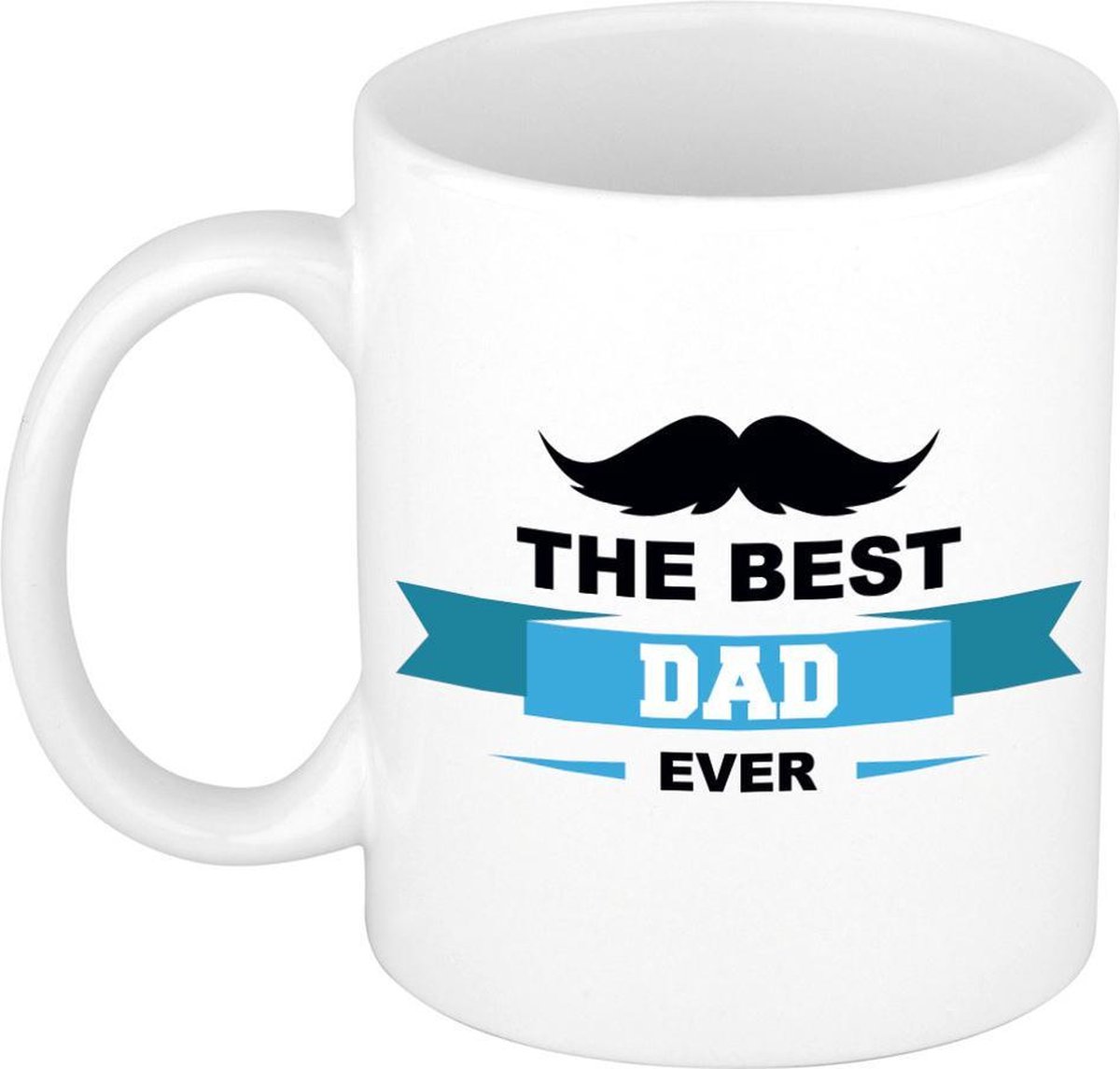 The best dad ever kado koffiemok - beker - wit met wimpel en snor - Vaderdag / verjaardag - Papa