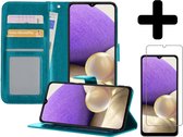 Hoesje Geschikt voor Samsung A32 4G Hoesje Book Case Hoes Wallet Cover Met Screenprotector - Hoes Geschikt voor Samsung Galaxy A32 4G Hoesje Bookcase Hoes - Turquoise