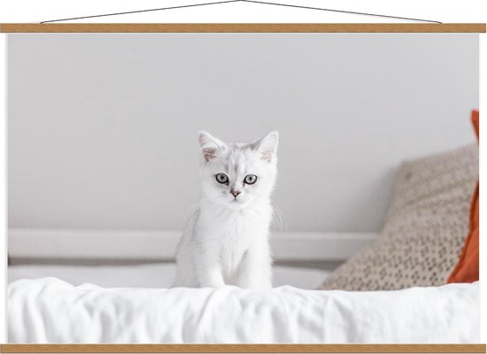 Schoolplaat – Witte Kat op Bed - 120x80cm Foto op Textielposter (Wanddecoratie op Schoolplaat)