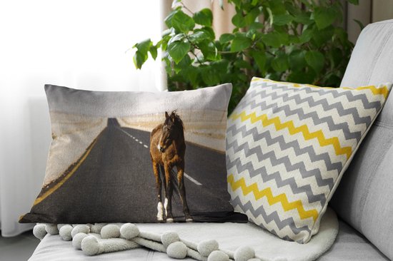Sierkussen Paarden pour l'intérieur - Cheval solitaire sur une route - 60x40 cm - Coussin intérieur rectangulaire en coton