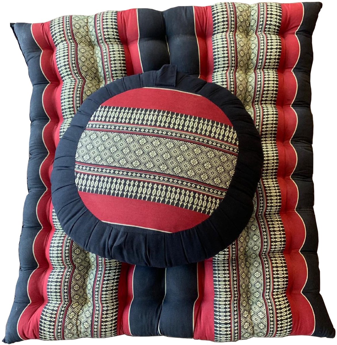 Fine Asianliving Thais Kussen Set: Ronde Meditatiekussen Zafu 40x20cm, Meditatie Mat Zabuton 76x72cm Yoga Kapok Rood Meditatie Mat Matras