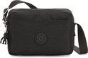 Zwarte Kipling schoudertas met een rond Kipling-logo, een ritsvak en een aapje-sleutelhanger.