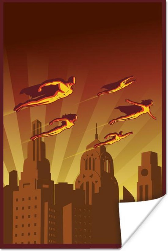 Illustration pour enfants de super-héros volant au-dessus d'une ville 60x90 cm