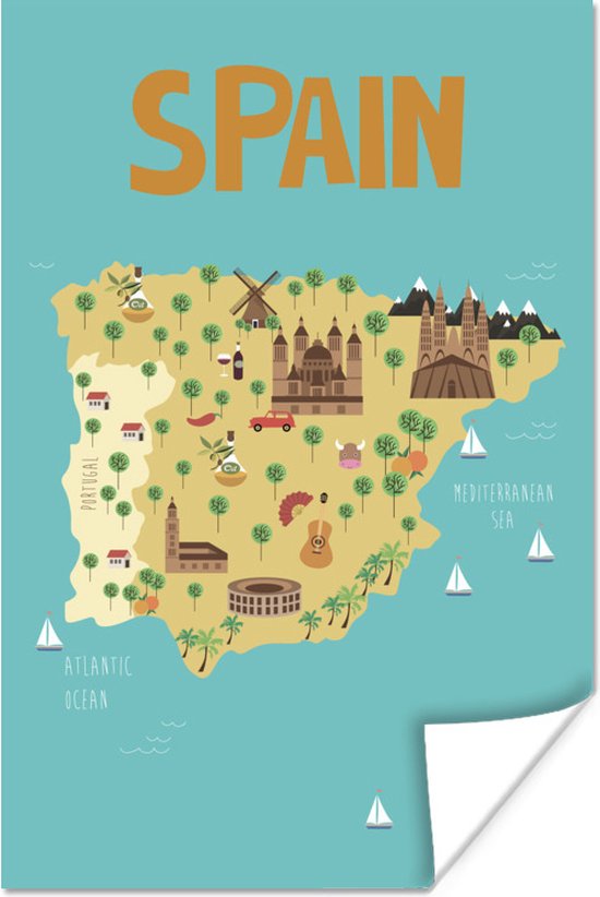 Poster Landkaart - Spanje - Kinderen - 60x90 cm
