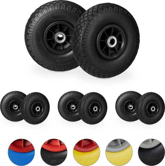 relaxdays 8 x roue de diable - 3.00-4 - pneu en caoutchouc - paliers lisses - 80 kg - axe 20 mm noir