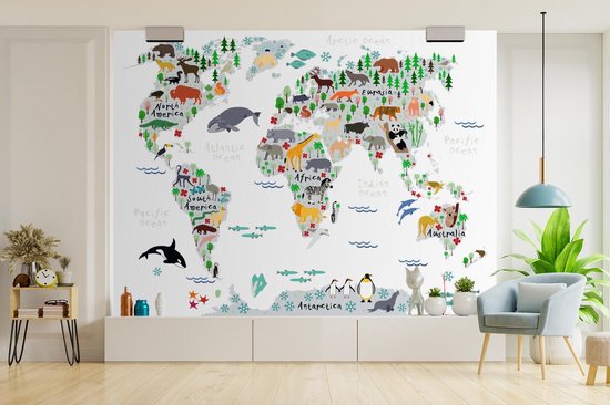 Papier peint - Papiers Papier peint photo Wereldkaart - Enfants - Animaux - Plantes - Largeur 375 cm x Hauteur 280 cm