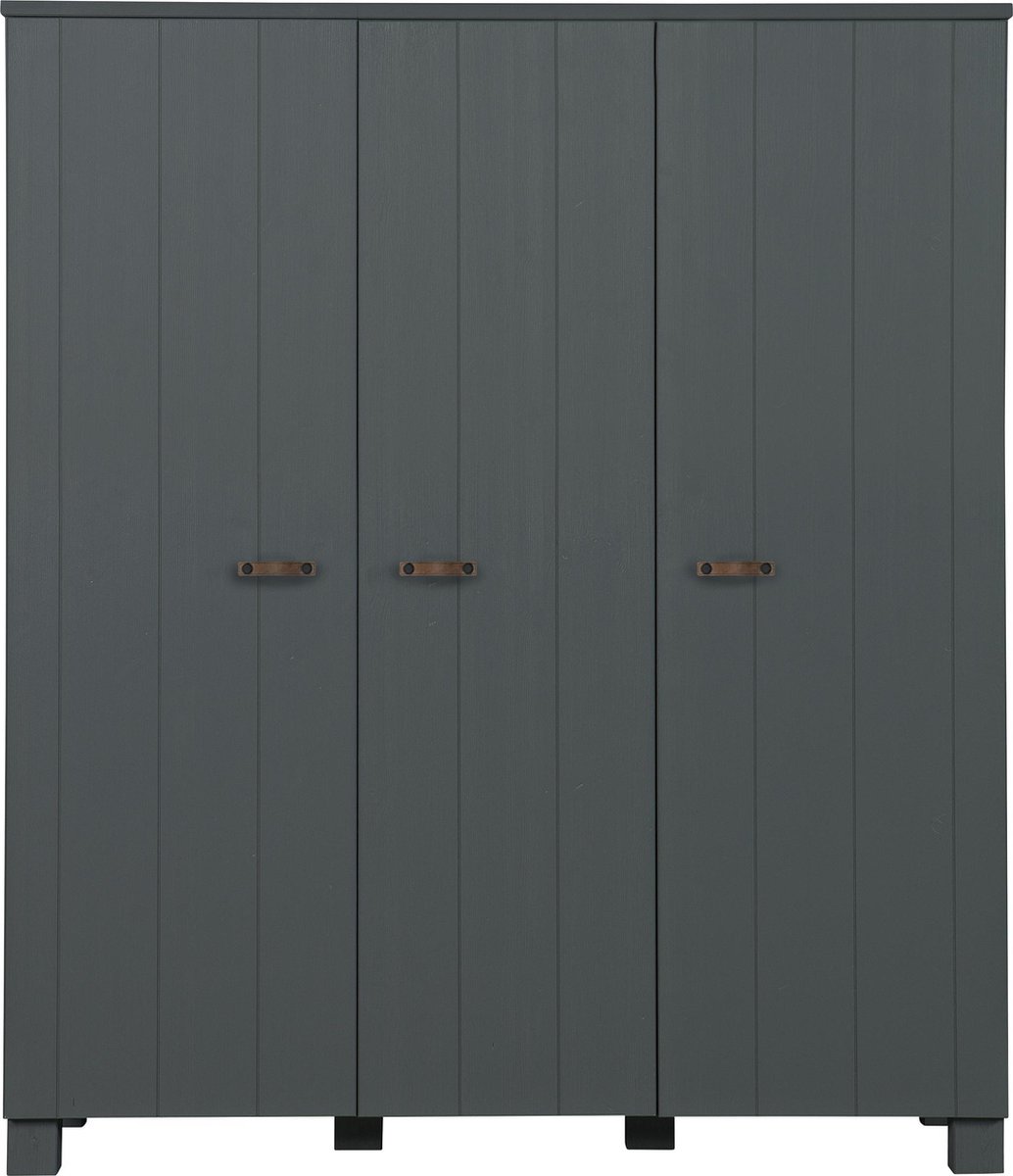 BASICLABEL Dennis 3-deurskast 202x158x55 cm grenen met leren greep staalgrijs