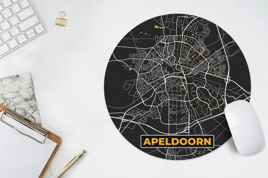 Muismat rond 30x30 cm - Mousepad Stadskaart - Apeldoorn - Goud - Zwart - Ronde muismatten