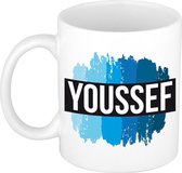 Youssef naam cadeau mok / beker met  verfstrepen - Cadeau collega/ vaderdag/ verjaardag of als persoonlijke mok werknemers