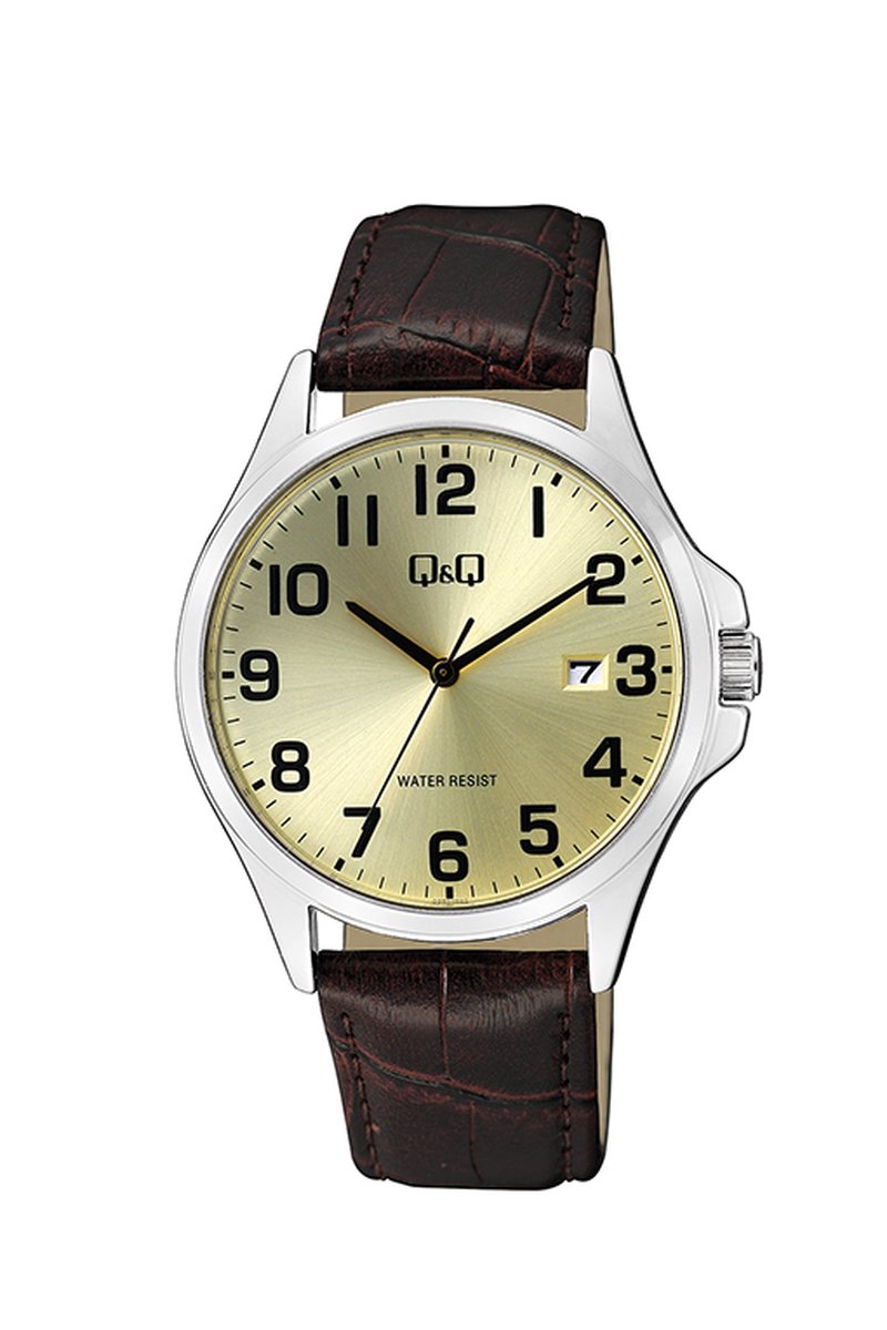 QQ A480J303Y - Horloge - Analoog - Mannen - Heren - leren band - Rond - Staal - Cijfers - Datumaanduiding - Bruin - Zilverkleurig - Champagne