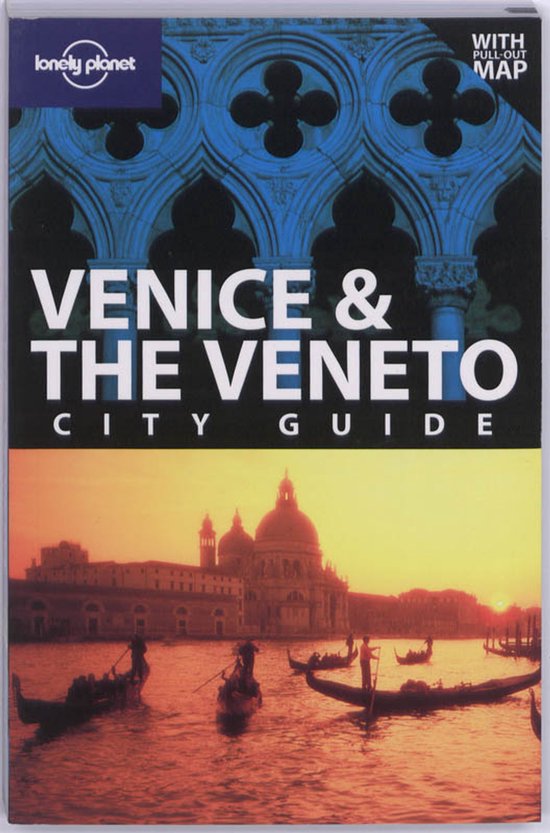 Lonely Planet Venice & The Veneto City Guide avec carte détachable. Ornement bleu en haut, gondoles sur l'eau au coucher du soleil en bas.