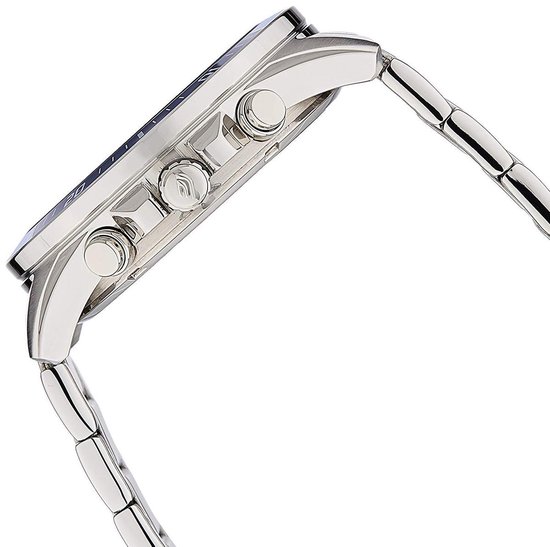 Zilverkleurig horloge, zijaanzicht met chronograafknoppen en band.