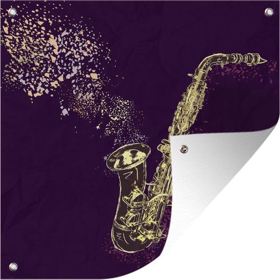 Tuindoek Illustratie van een gouden saxofoon op een paarse achtergrond - 100x100 cm