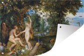 Tuinposters buiten Het aardse paradijs met de zondeval van Adam en Eva - Schilderij van Peter Paul Rubens - 90x60 cm - Tuindoek - Buitenposter