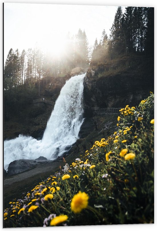 Dibond - Snel Stromende Waterval naar Beneden - 60x90cm Foto op Aluminium (Met Ophangsysteem)