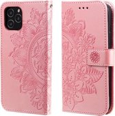 7-bloemblaadje bloemen reliëfpatroon horizontale flip PU lederen tas met houder en kaartsleuven & portemonnee & fotolijst voor iPhone 12/12 Pro (rosé goud)