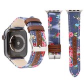 Denim bloemenpatroon lederen horlogebandje voor Apple Watch Series 5 & 4 44mm / 3 & 2 & 1 42mm (donkerblauw)