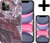 Hoesje Geschikt voor iPhone 11 Pro Max Hoesje Marmer Case Hard Cover Met Screenprotector - Hoes Geschikt voor iPhone 11 Pro Max Case Marmer Hoesje Backcover - Rood