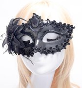 Halloween Masquerade Party Dance Plating Side Flower Feather Venice Princess Mask (Black)