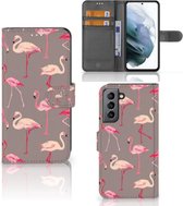 Hoesje met naam Geschikt voor Samsung Galaxy S21 FE Wallet Book Case Flamingo