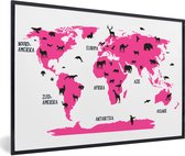 Wereldkaart Kinderen - Roze - Dieren - Schoolplaat - Kinderkamer - 60x40 cm
