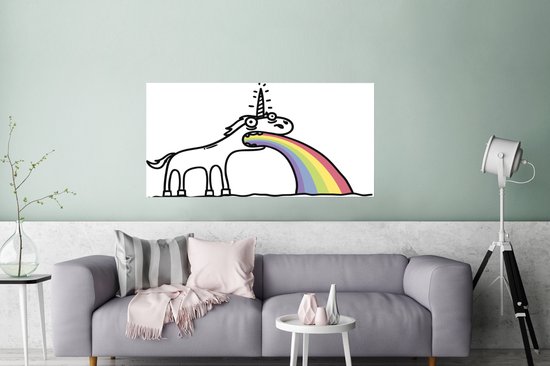Poster Een illustratie van een eenhoorn die een regenboog uitspuwt - Meisjes - Kinderen - Kindje - 180x120 cm XXL