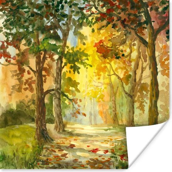 Poster Illustration d'un chemin entre les arbres 160x120 cm - Tirage photo sur Poster (décoration murale salon / chambre) / Poster Arbres XXL / Groot format!