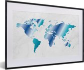 Fotolijst incl. Poster - Wereldkaart - Blauw - Marmer - 60x40 cm - Posterlijst