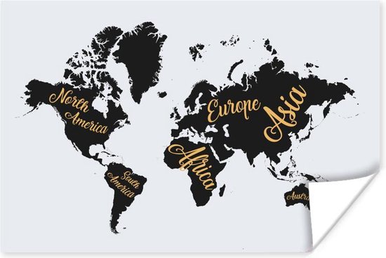 Zwarte wereldkaart met gouden letters Poster 30x20 cm - klein