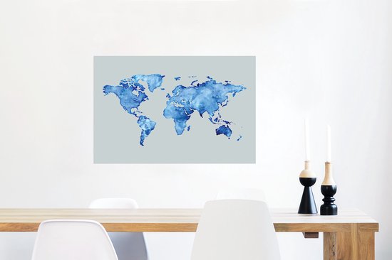 Mappemonde aquarelle bleu sur fond bleu clair 90x60 cm